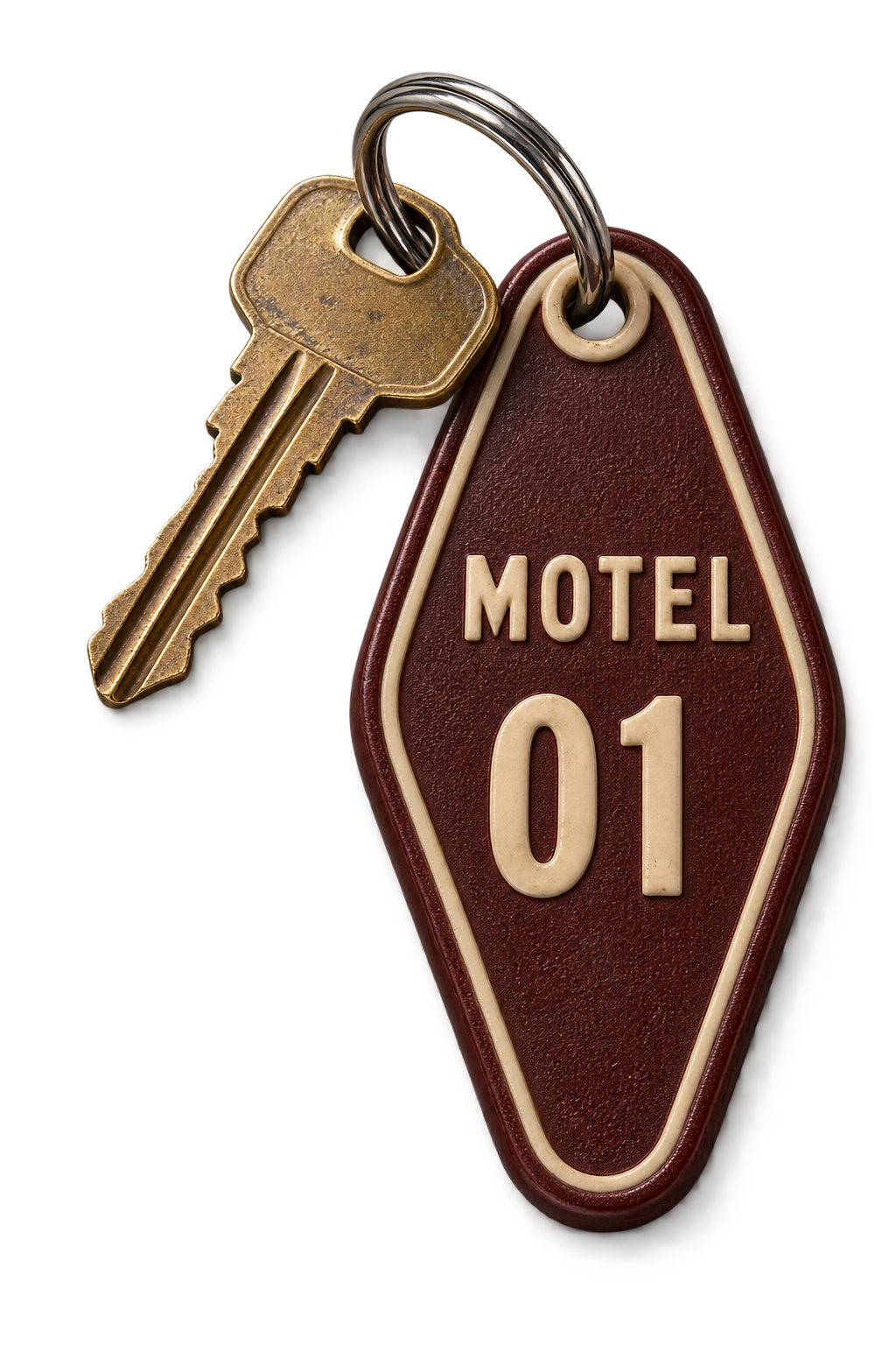 Brass room key on an oxblood diamond Motel 01 fob.